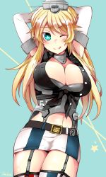 Rule 34 | 10s, 1girl, ;q, arms behind head, blonde hair, blue eyes, blush, breasts, cleavage, highres, iowa (kancolle), kantai collection, large breasts, long hair, looking at viewer, one eye closed, smile, solo, star-shaped pupils, star (symbol), symbol-shaped pupils, thighhighs, tongue, tongue out, uesaki take