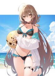 Rule 34 | 1girl, absurdres, ahoge, azuuru, ball, bare shoulders, beachball, bikini, black bikini, black choker, breasts, brown hair, choker, frilled bikini, frills, front-tie bikini top, front-tie top, gluteal fold, hair ornament, hairclip, halterneck, highleg, highleg bikini, highres, hololive, hololive english, jacket, jewelry, leg up, long hair, long sleeves, looking at viewer, low ponytail, medium breasts, multi-strapped bikini, multicolored hair, nanashi mumei, necklace, off shoulder, open clothes, open jacket, orange eyes, parted lips, skindentation, slippers, solo, stomach, strap gap, streaked hair, string bikini, swimsuit, thigh strap, thighs, very long hair, virtual youtuber, white jacket