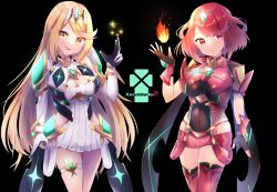 Rule 34 | absurdres, amanoru mozuku, bare legs, bare shoulders, black gloves, blonde hair, breasts, chest jewel, cleavage, cleavage cutout, clothing cutout, dress, earrings, elbow gloves, fingerless gloves, gem, gloves, headpiece, highres, jewelry, large breasts, long hair, mythra (xenoblade), pyra (xenoblade), red eyes, red hair, red legwear, red shorts, short dress, short hair, short shorts, shorts, swept bangs, thigh strap, thighhighs, tiara, very long hair, white dress, white gloves, xenoblade chronicles (series), xenoblade chronicles 2, yellow eyes