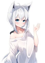Rule 34 | 1girl, absurdres, amato 0321, animal ear fluff, animal ears, blue eyes, fox ears, fox girl, highres, hololive, long hair, looking at viewer, off shoulder, shirakami fubuki, smile, sweater, virtual youtuber, white hair, white sweater