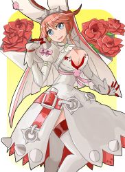 Rule 34 | 1girl, blue eyes, breasts, cleavage, cleavage cutout, clothing cutout, dress, earrings, elphelt valentine, flower, fringe trim, gloves, guilty gear, guilty gear xrd, hairband, hat, highres, hota (oznomahoutukai), jewelry, large breasts, pink hair, puffy sleeves, rose, short hair, side slit, solo, spikes, thighhighs, veil, white thighhighs