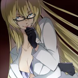 Rule 34 | 10s, 1girl, bad id, bad pixiv id, blonde hair, blouse, blue eyes, bra, breast hold, breasts, evil smile, female focus, glasses, gradient background, gunslinger stratos, hand on own chin, large breasts, long hair, nami (snow), olga janetine, open clothes, open shirt, red background, shirt, simple background, smile, solo, striped bra, striped clothes, underwear, vertical-striped bra, vertical-striped clothes