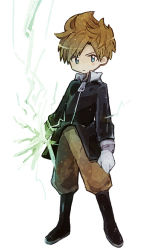 Rule 34 | 1boy, bad id, bad pixiv id, blue eyes, boots, bukiko, claus (mother 3), electricity, expressionless, full body, gloves, jacket, lightning, looking at viewer, magic, male focus, masked man (mother 3), mother (game), mother 3, nintendo, orange hair, pants, simple background, solo, spoilers, white background