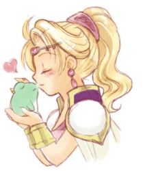 Rule 34 | 1990s (style), 1girl, ahoge, animal, armor, blonde hair, blush, bracelet, cape, circlet, closed eyes, closed mouth, crown, earrings, final fantasy, final fantasy iv, frog, from side, gem, heart, holding, holding animal, jewelry, kiss, long hair, lowres, ponytail, profile, retro artstyle, rosa farrell, shoulder pads, simple background, smile, solo, upper body, white cape