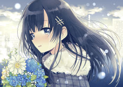 Rule 34 | 1girl, absurdres, black hair, blue eyes, blue flower, blue sky, blush, bouquet, building, cloud, commentary request, crying, crying with eyes open, day, flower, fur-trimmed jacket, fur trim, grey jacket, hair ornament, highres, jacket, long hair, looking at viewer, looking to the side, nose blush, original, outdoors, parted lips, plaid, plaid jacket, sakura oriko, sky, skyscraper, snow, solo, tears, white flower