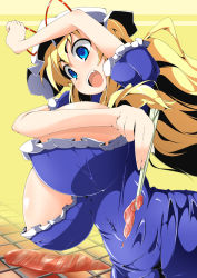 Rule 34 | 1girl, :d, areola slip, arm above head, blonde hair, blue eyes, blush, bouncing breasts, bow, breasts, chopsticks, cleavage, dress, fang, female focus, gigantic breasts, grill, hat, hat bow, hat ribbon, huge breasts, impossible clothes, impossible dress, long hair, navel, open mouth, ribbon, shiny skin, smile, solo, toudori, touhou, unaligned breasts, wide-eyed, yakumo yukari
