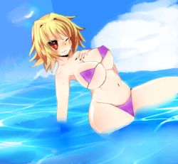 Rule 34 | 00s, 1girl, arcueid brunestud, artist request, bad id, bad pixiv id, bikini, blonde hair, blue sky, blush, breasts, cleavage, cloud, colored sclera, day, covered erect nipples, hair intakes, highres, large breasts, melty blood, micro bikini, nail polish, navel, ocean, partially submerged, purple bikini, red eyes, red nails, red sclera, reso (remomiso), short hair, sky, solo, swimsuit, tsukihime, underboob, red arcueid