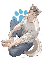 Rule 34 | 109ddong, 1boy, animal ears, bara, barefoot, beard, blonde hair, character request, closed eyes, closed mouth, copyright notice, copyright request, facial hair, highres, male focus, pants, paw print, short hair, simple background, smile, solo, sweater, tail, thick eyebrows, white background, white sweater, wolf ears, wolf tail