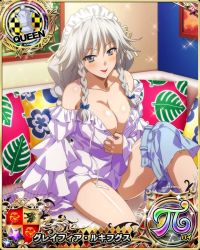 Rule 34 | 1girl, blue bow, blush, bow, braid, breasts, card (medium), chess piece, cleavage, denim, denim shorts, female focus, grayfia lucifuge, grey eyes, grey hair, hair bow, high school dxd, large breasts, lipstick, long hair, looking at viewer, maid headdress, makeup, matching hair/eyes, mature female, official art, pulling at clothes, queen (chess), red lips, shorts, smile, solo, twin braids