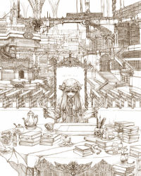 Rule 34 | 1girl, architecture, book, brown theme, cervus, crystal ball, cup, female focus, hat, highres, koakuma, library, lineart, loaded interior, long hair, monochrome, patchouli knowledge, scarlet devil mansion, skull, solo focus, teacup, teapot, touhou, voile