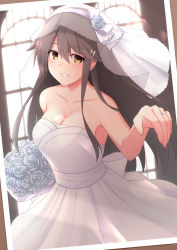 Rule 34 | 1girl, akahi242, alternate costume, bouquet, breasts, bridal veil, bride, brown eyes, collarbone, dress, flower, grey hair, hair ornament, hairclip, haruna (kancolle), highres, holding, holding bouquet, jewelry, kantai collection, long hair, medium breasts, photo (object), ring, solo, strapless, strapless dress, veil, wedding band, wedding dress, white dress