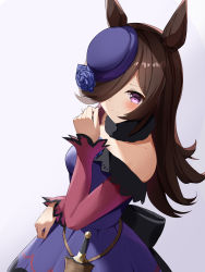 Rule 34 | 1girl, absurdres, animal ears, blue flower, blue hat, blue rose, blush, breasts, brown hair, closed mouth, commentary request, dagger, dress, firin, flower, from side, gradient background, hair over one eye, hand up, hat, hat flower, highres, horse ears, knife, long hair, long sleeves, looking at viewer, looking to the side, medium breasts, off-shoulder dress, off shoulder, purple background, purple dress, purple eyes, rice shower (umamusume), rose, sheath, sheathed, sleeves past wrists, small breasts, solo, tilted headwear, umamusume, weapon