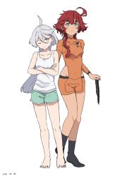 Rule 34 | 2girls, ahoge, aqua eyes, aqua shorts, barefoot, black socks, bodysuit, collarbone, commentary, covered navel, crossed arms, dated, full body, grey eyes, grey hair, gundam, gundam suisei no majo, highres, hip vent, holding hairband, light frown, long hair, looking at another, looking at viewer, low ponytail, miorine rembran, multiple girls, one eye closed, orange bodysuit, red hair, shorts, simple background, socks, standing, suletta mercury, swept bangs, takatisakana, thick eyebrows, undershirt, white background