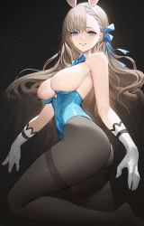 Rule 34 | 1girl, absurdres, animal ears, armpit crease, ass, asuna (blue archive), asuna (bunny) (blue archive), asymmetrical bangs, bare shoulders, black background, black pantyhose, blue archive, blue bow, blue eyes, blue ribbon, bow, bowtie, breasts, commentary request, detached collar, fake animal ears, from side, gloves, grin, gua61, hair ribbon, hairband, highres, large breasts, leg up, legs, leotard, light brown hair, long hair, looking at viewer, no shoes, pantyhose, playboy bunny, rabbit ears, ribbon, smile, solo, standing, standing on one leg, star (sky), strapless, strapless leotard, thighs, traditional bowtie, white gloves