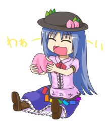 Rule 34 | 1girl, artist request, chibi, closed eyes, eating, female focus, food, fruit, happy, hat, hinanawi tenshi, holding, holding food, holding fruit, leaf, peach, simple background, solo, touhou, white background