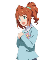 Rule 34 | 1girl, :d, a1 (initial-g), aqua eyes, blue eyes, brown hair, hair bobbles, hair ornament, idolmaster, idolmaster (classic), kindergarten uniform, open mouth, simple background, smile, solo, takatsuki yayoi, twintails