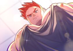 Rule 34 | 1boy, absurdres, bara, boku no hero academia, endeavor (boku no hero academia), foreshortening, glint, highres, large pectorals, looking at viewer, looking down, male focus, mature male, meme, muscular, muscular male, nipple slip, nipples, osu (osumankokuou), pectoral cleavage, pectoral focus, pectorals, photo-referenced, short hair, sidepec, solo, sparkling sweat, spiked hair, sweat, tank top, thick eyebrows, upper body, water drop, yur oc like this (meme)