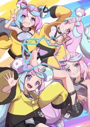 Rule 34 | absurdres, blue hair, bow-shaped hair, character hair ornament, creatures (company), game freak, hair ornament, hexagon print, highres, iono (pokemon), jacket, light blue hair, long hair, low-tied long hair, multicolored hair, nintendo, open mouth, oversized clothes, pink hair, pokemon, pokemon sv, purple eyes, rono (lethys), sharp teeth, sleeves past fingers, sleeves past wrists, smile, split-color hair, teeth, two-tone hair, very long sleeves, yellow jacket