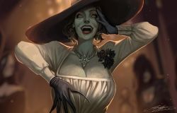 Rule 34 | 1girl, absurdres, alcina dimitrescu, breasts, claws, cleavage, crazy eyes, gloves, green eyes, hat, highres, jewelry, large breasts, laughing, lipstick, makeup, mature female, necklace, pale skin, resident evil, resident evil village, short hair, signejeppesen, smeared lipstick, smile, sun hat, veins, veiny breasts