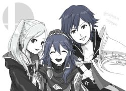 Rule 34 | 1boy, 2girls, armor, braid, cape, chrom (fire emblem), cloak, closed eyes, family, father and daughter, fire emblem, fire emblem awakening, gloves, greyscale, grin, hairband, hand on another&#039;s head, husband and wife, long hair, looking at viewer, lucina (fire emblem), monochrome, mother and daughter, multiple girls, nintendo, ribbed shirt, robin (female) (fire emblem), robin (fire emblem), sayoyonsayoyo, shirt, short hair, shoulder armor, simple background, smile, super smash bros., turtleneck, twintails, twitter username, white background