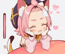 Rule 34 | 1girl, affection meter, animal ear fluff, animal ears, blush, cat ears, cat tail, closed eyes, detached sleeves, diona (genshin impact), disembodied hand, elbow rest, fang, forehead, genshin impact, gloves, hand on own cheek, hand on own face, hat, head rest, heart, nikomi, open mouth, petting, pink hair, pink shirt, pink sleeves, shirt, short hair, sitting, smile, solo, table, tail, topknot, white gloves