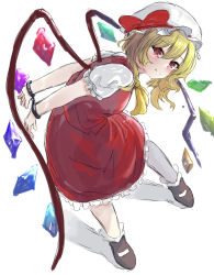 Rule 34 | 1girl, absurdres, arms behind back, ascot, blonde hair, blush, bobby socks, bow, breasts, closed mouth, commentary request, crystal, cuffed, cuffs, fang, fang out, flandre scarlet, full body, hair between eyes, handcuffs, hat, hat bow, highres, leaning forward, looking at viewer, mary janes, medium breasts, mob cap, one side up, puffy short sleeves, puffy sleeves, red bow, red eyes, red skirt, red vest, shoes, short sleeves, simple background, sketch, skirt, smile, socks, solo, standing, tazrn1, touhou, vest, white background, white hat, wings, yellow ascot