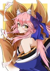 Rule 34 | 1girl, absurdres, animal ear fluff, animal ears, bakuma, bare shoulders, blue kimono, blue ribbon, blush, breasts, detached sleeves, fate/grand order, fate (series), fox ears, fox girl, fox tail, hair ribbon, highres, japanese clothes, kimono, large breasts, looking at viewer, looking back, multiple tails, pink hair, ribbon, solo, split ponytail, tail, tamamo (fate), tamamo no mae (fate/extra), yellow eyes