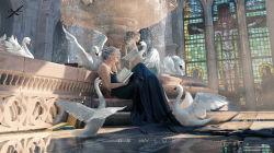 Rule 34 | 1girl, backless dress, backless outfit, bird, black dress, blue eyes, book, dress, earrings, fountain, ghostblade, grey hair, highres, jewelry, lips, open book, patreon username, pointy ears, princess yan, reflection, short hair, sitting, solo, stained glass, swan, tiara, watermark, web address, wlop