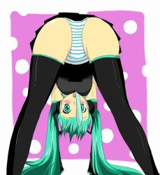 Rule 34 | 1girl, ass, bad id, bad pixiv id, bent over, breasts, green eyes, green hair, hands reach floor, hatsune miku, matching hair/eyes, panties, skirt, solo, spread legs, striped clothes, striped panties, suguru, thighhighs, top-down bottom-up, twintails, underwear, vocaloid