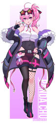 Rule 34 | 1girl, :q, bare shoulders, belt, black thighhighs, blush, breasts, candy, covered navel, eyewear on head, fishnet thighhighs, fishnets, food, fur trim, gamerag, hand on own hip, jacket, lollipop, long hair, looking at viewer, nail polish, off shoulder, original, pink eyes, pink hair, pink nails, shorts, side ponytail, smile, solo, sunglasses, thighhighs, tongue, tongue out