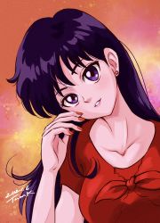 Rule 34 | 1girl, absurdres, bishoujo senshi sailor moon, collarbone, commentary request, dated, earrings, head tilt, highres, hino rei, jewelry, long hair, looking at viewer, meme, nail polish, purple eyes, purple hair, red shirt, sailor moon redraw challenge (meme), shirt, signature, solo, stud earrings, tsunemoku, upper body
