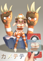 Rule 34 | 10s, 1girl, :i, armpits, belt, binacle, blonde hair, breasts, camera, cleavage, creatures (company), fingerless gloves, game freak, gen 6 pokemon, gloves, green eyes, hair ornament, hair ribbon, highres, hip focus, large breasts, midriff, moemon, nintendo, personification, pokemon, pokemon (creature), pokemon xy, ribbon, ryushin, shoes, short hair, shorts, sitting, solo focus, striped clothes, striped thighhighs, thighhighs, wide hips