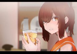 Rule 34 | 1girl, absurdres, black border, blurry, blurry background, blush, border, brown eyes, brown hair, cup, eyes visible through hair, film grain, glass, hato kan, highres, holding, holding cup, i-401 (kancolle), ice, ice cube, kantai collection, letterboxed, looking at viewer, orange sailor collar, ponytail, sailor collar, solo
