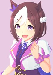 Rule 34 | 1girl, 2-butani, absurdres, ahoge, animal ears, blush, bow, breasts, brown hair, collared shirt, commentary request, cropped jacket, ear bow, grey background, hand up, highres, horse ears, horse girl, looking at viewer, multicolored hair, neck ribbon, open mouth, puffy short sleeves, puffy sleeves, purple eyes, purple vest, ribbon, shirt, short hair, short sleeves, simple background, skirt, small breasts, smile, solo, special week (umamusume), sweat, two-tone hair, umamusume, upper body, vest, white skirt, wristband
