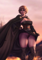 Rule 34 | breasts, cleft of venus, cloak, clothes lift, curvy, dark souls (series), dark souls ii, emerald herald, exhibitionism, green eyes, highres, large breasts, orange hair, personal ami, pubic hair, public indecency, pussy, pussy peek, skirt, skirt lift, smile, thick thighs, thighhighs, thighs, wide hips