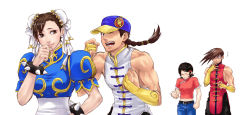 Rule 34 | 2boys, 2girls, angry, baseball cap, braid, capcom, chinese clothes, chun-li, crop top, f-15jrs, hair bun, hat, houmei (street fighter), multiple boys, multiple girls, quiver, shaking, siblings, spiked hair, street fighter, sweatdrop, white background, yang lee, yun lee