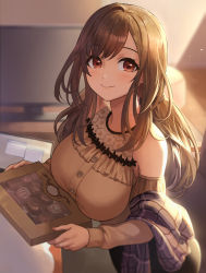 Rule 34 | 1girl, blush, breasts, brown hair, brown shirt, chocolate, closed mouth, commentary request, highres, idolmaster, idolmaster shiny colors, indoors, large breasts, long hair, nhaliz, red eyes, shirt, solo, television, tsukioka kogane