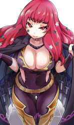 Rule 34 | 1girl, :q, absurdres, belt, black cape, bodysuit, boots, breasts, cape, cape lift, chest strap, choker, cleavage, closed mouth, clothing cutout, collarbone, commentary request, covered navel, dagger, eyelashes, facial mark, fire emblem, fire emblem engage, gold belt, hair ornament, hatoboshi, highres, holding, holding cape, holding clothes, knife, large breasts, legs together, lifting own clothes, long hair, looking at viewer, navel, nintendo, pink choker, pink hair, pink lips, purple bodysuit, red eyes, red hair, side cutout, simple background, smile, solo, standing, star (symbol), star facial mark, star hair ornament, thigh gap, tongue, tongue out, weapon, white background, yunaka (fire emblem)