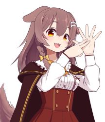Rule 34 | 1girl, :3, :d, animal ears, blush, bone hair ornament, braid, brown eyes, brown hair, buttons, cape, cartoon bone, dog ears, dog girl, dog tail, fangs, hair between eyes, hair down, hair ornament, hair ribbon, hairclip, high-waist skirt, highres, hololive, inugami korone, inugami korone (street), long hair, long sleeves, looking at viewer, open mouth, raised eyebrows, red skirt, ribbon, shirt, side braid, side braids, simple background, skirt, smile, solo, sugyon, tail, twin braids, upper body, virtual youtuber, white background, white shirt, yellow ribbon
