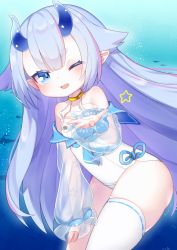 Rule 34 | 1girl, ;d, asymmetrical legwear, azur lane, bare shoulders, blue eyes, blue hair, blush, commentary request, day, fang, hair flaps, highres, horns, i-13 (azur lane), kokone (coconeeeco), long hair, long sleeves, looking at viewer, off shoulder, one-piece swimsuit, one eye closed, open mouth, outdoors, puffy long sleeves, puffy sleeves, ribbon-trimmed legwear, ribbon trim, see-through, see-through sleeves, short eyebrows, single thighhigh, sleeves past wrists, smile, solo, star (symbol), swimsuit, thick eyebrows, thighhighs, underwater, uneven legwear, very long hair, water, white one-piece swimsuit, white thighhighs