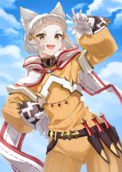 Rule 34 | 1girl, :d, absurdres, animal ear fluff, animal ears, arm up, blue sky, bodysuit, brown bodysuit, brown eyes, cloud, cloudy sky, commentary request, cowboy shot, dagger, day, fangs, forehead, gloves, grey hair, hand on own hip, highres, hijiri (sacra 0419), knife, long sleeves, looking at viewer, nia (xenoblade), open mouth, outdoors, puffy long sleeves, puffy sleeves, sheath, sheathed, short hair, sky, sleeves past wrists, smile, solo, standing, thick eyebrows, v-shaped eyebrows, weapon, white gloves, xenoblade chronicles (series), xenoblade chronicles 2
