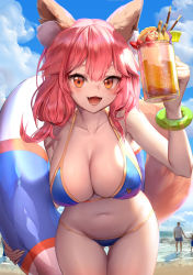 Rule 34 | 1girl, :d, animal ear fluff, animal ears, bare shoulders, beach, bikini, blue bikini, blue sky, blush, bracelet, breasts, cleavage, cloud, collarbone, commentary request, cowboy shot, cup, day, fang, fate/grand order, fate (series), fox ears, fox girl, fox tail, gluteal fold, groin, hair between eyes, halterneck, highres, holding, holding cup, holding swim ring, innertube, jewelry, large breasts, leaning forward, long hair, looking at viewer, midriff, myumyu (rwhy7577), navel, ocean, open mouth, outdoors, pink hair, shadow, skindentation, sky, smile, solo focus, standing, string bikini, swim ring, swimsuit, tail, tamamo (fate), tamamo no mae (fate/extra), tamamo no mae (swimsuit lancer) (fate), thigh gap, yellow eyes