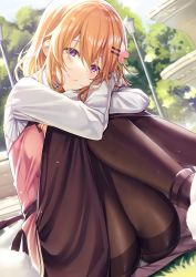 Rule 34 | 1girl, aged up, alternate breast size, blouse, blush, brown pantyhose, brown skirt, closed mouth, collared shirt, commentary request, day, feet out of frame, flower, gochuumon wa usagi desu ka?, hair between eyes, hair flower, hair ornament, hairclip, head tilt, highres, hoto cocoa, hugging own legs, knees to chest, knees up, ks (xephyrks), lamppost, long hair, long skirt, looking at viewer, orange hair, outdoors, panties, panties under pantyhose, pantyhose, pink flower, pink vest, purple eyes, shirt, sitting, skirt, smile, solo, thighband pantyhose, underwear, upskirt, vest, white panties, white shirt