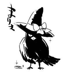 Rule 34 | animal focus, animalization, azuki osamitsu, bird, bow, crow, greyscale, hat, hopeless masquerade, kirisame marisa, monochrome, no humans, crow, sparkle, touhou, translated, witch hat