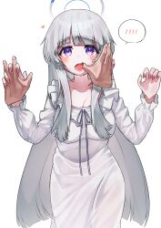 Rule 34 | 1girl, 1other, absurdres, blue archive, blush, breasts, cleavage, disembodied limb, dress, grey hair, halo, heart, highres, je o mo, large breasts, long hair, long sleeves, looking at viewer, mechanical halo, noa (blue archive), open mouth, purple eyes, simple background, solo focus, spoken blush, white background, white dress