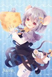 Rule 34 | :d, animal, animal ears, aogiri sei, basket, black footwear, black skirt, black vest, blue background, blush, bow, bow legwear, capelet, character cutout, character name, cheese, flower, food, frilled capelet, frilled sleeves, frills, grey hair, hair bow, holding, holding food, jewelry, leg up, long sleeves, looking at viewer, mouse (animal), mouse ears, mouse tail, nazrin, open mouth, pendant, red eyes, shirt, shoes, short hair, skirt, skirt set, smile, solo, striped, striped background, tail, tail bow, tail ornament, thighhighs, touhou, vertical stripes, vest, white shirt, white thighhighs, yellow bow