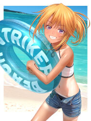 1girl beach bikini bikini_under_clothes bikini_under_shorts blush breasts commentary_request dark-skinned_female dark_skin grin hair_between_eyes hands_up happy highres holding holding_swim_ring hugging_object idolmaster idolmaster_cinderella_girls innertube medium_hair midriff navel nekopuchi ocean orange_hair outdoors purple_eyes side_ponytail small_breasts smile solo stomach swim_ring swimsuit tan tanline unbuttoned unzipped yuuki_haru