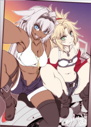 Rule 34 | 2girls, animal ears, arm up, blonde hair, blue eyes, boots, breasts, caenis (fate), commentary request, crop top, dark-skinned female, dark skin, dated, denim, denim shorts, fate/grand order, fate (series), green eyes, hair between eyes, hair ornament, hair scrunchie, hairband, hisahiko, long hair, medium breasts, mordred (fate), mordred (fate/apocrypha), mordred (memories at trifas) (fate), motor vehicle, motorcycle, multiple girls, navel, open mouth, pink hair, ponytail, scrunchie, selfie, shorts, single thighhigh, sitting, small breasts, smile, thighhighs, unfinished
