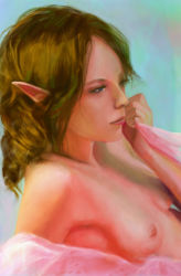 Rule 34 | 1girl, armpits, breasts, brown hair, elf, green eyes, ikelag, lying, pointy ears, small breasts, solo