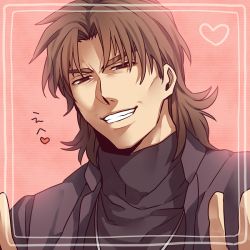 Rule 34 | 1boy, bad id, bad pixiv id, brown eyes, brown hair, cassock, cheekbones, close-up, coat, double v, fate/stay night, fate (series), grin, heart, kotomine kirei, male focus, mullet, smile, solo, v, zihad